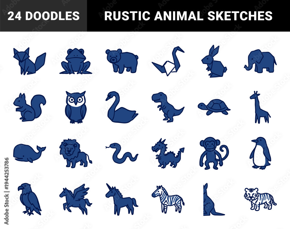 Fototapeta premium Hand-drawn stylized animal and mythical creature doodles for playful branding. Blue monochromatic naive sketches featuring zoo, farm, and fantasy wildlife.