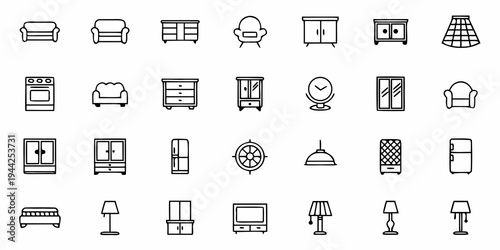 A collection of minimalist line art icons depicting various household furniture and appliances