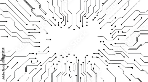 Intricate black circuit board pattern with electronic pathways and connection points radiating from center on transparent grid background for technology