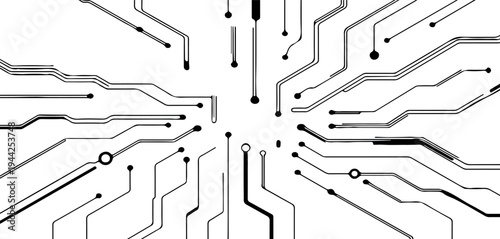 Abstract digital circuit board pattern with interconnected lines and nodes on a transparent background technology background