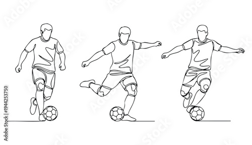 Vector illustration set of soccer players in dynamic action. Minimalist continuous line art composition featuring athletic figures and footballs. Banner design for World Cup events. See Less