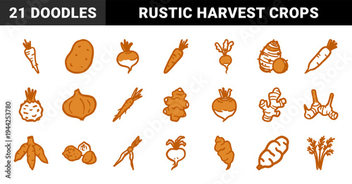 Hand-drawn root vegetables and earthy tubers for organic farm branding. Rustic naive marker sketch illustrations featuring harvest garden crops.