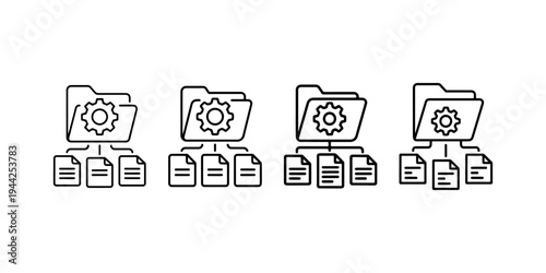 Set of folder management icons showing organized directory structure with gear symbol and file documents for data processing and content administration