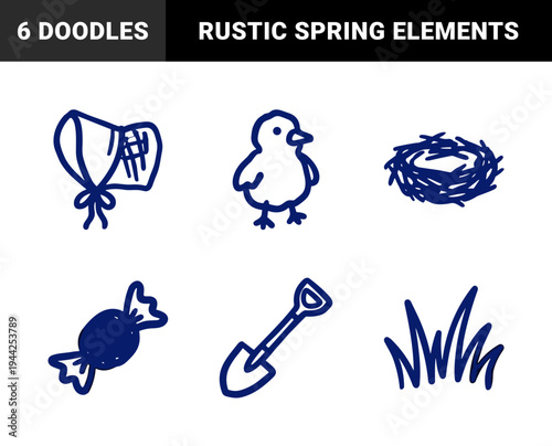 Hand-drawn spring and garden elements for organic brand identity. Rustic, naive marker sketch illustrations featuring chick, nest, bonnet, and gardening tools.