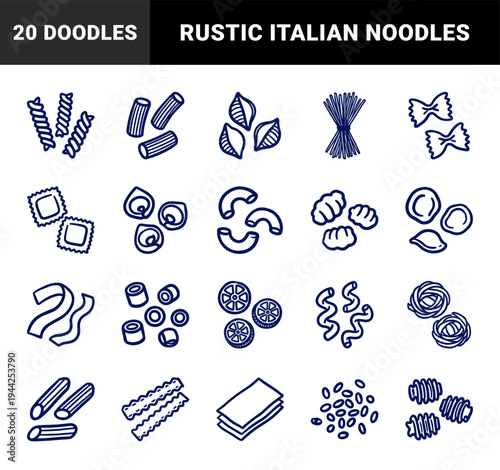 Hand-drawn pasta types and Italian noodle varieties for rustic kitchen branding. Naive marker sketch illustrations of Mediterranean culinary ingredients.