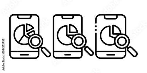 Mobile data analytics icons featuring smartphone screen with pie chart and magnifying glass for business intelligence and financial performance monitoring