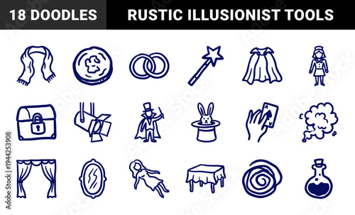 Magic show and illusionist performance elements for whimsical branding. Crude hand-drawn marker sketch illustrations featuring mystical props and circus stage acts.