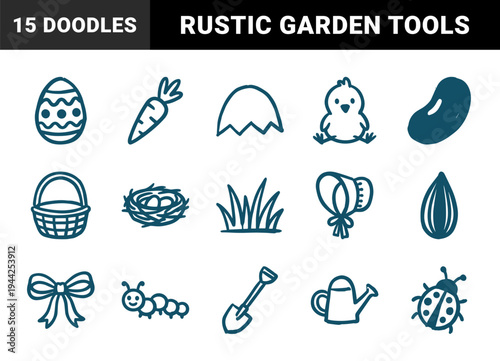 Hand-drawn spring and easter elements for organic brand identity. Rustic, naive marker sketch illustrations featuring seasonal garden and nature concepts.