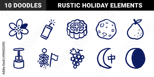 Traditional Mid-Autumn Festival elements in a naive marker sketch style. Rustic hand-drawn mooncakes, lanterns, and lunar symbols for cultural branding.