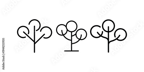 Minimalist tree icons set with geometric branches and circular foliage elements for nature branding projects or landscaping company logo design concepts
