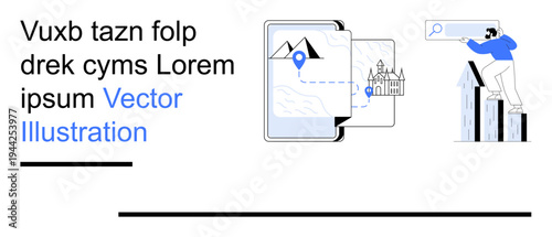 Travel planning, exploration, navigation, technology, digital search, landmarks. A character observing with a telescope and a tablet displaying a navigation map. Travel planning and exploration