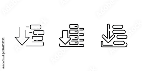 Data download icon set with arrow and documents, symbolizing file transfer, data archiving, information storage and download process