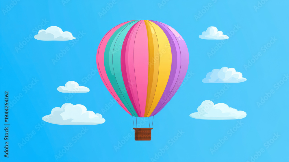 Obraz premium Colorful minimalistic hot air balloon art drawing in bright blue sky with fluffy white clouds background
