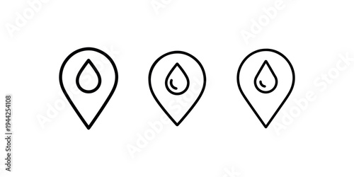 Collection of simple map pin icons with different symbols inside representing water droplet message bubble arrow and square for navigation