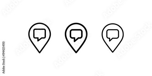 Set of modern map pin icons with chat bubble symbol inside for messaging and communication in a digital interface for app