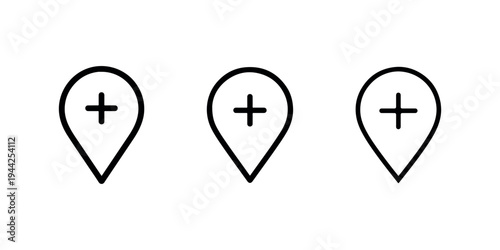 Three identical black outline map pointer icons with a plus sign inside each, set against a pristine white background for adding new locations