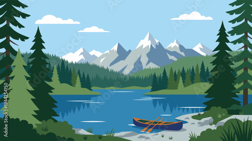 Vector illustration of a blue canoe with paddles on a lake shore surrounded by pine trees and mountains, creating a tranquil and picturesque scene perfect for nature or travel.