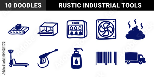 Hand-drawn industrial and agricultural equipment elements for rustic brand identity. Naive marker sketch illustrations featuring farming and logistics concepts.
