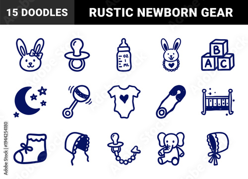 Hand-drawn baby nursery and newborn care elements in a naive doodle style. Dark blue marker sketch illustrations for parenting and childhood branding.