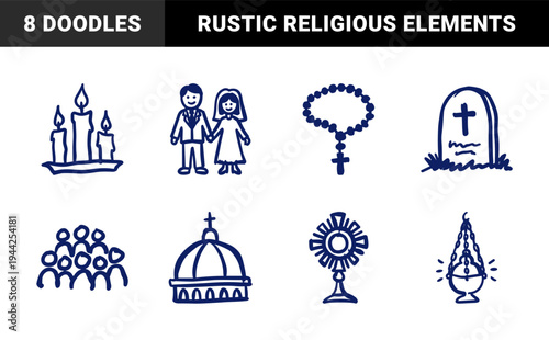 Hand-drawn Catholic religious elements and liturgical symbols in a naive marker sketch style. Rustic blue ink doodle illustrations for spiritual branding.
