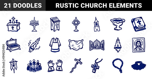 Eastern Orthodox church liturgy elements in a naive marker sketch style. Rustic hand-drawn religious symbols and clerical vestments for spiritual branding.