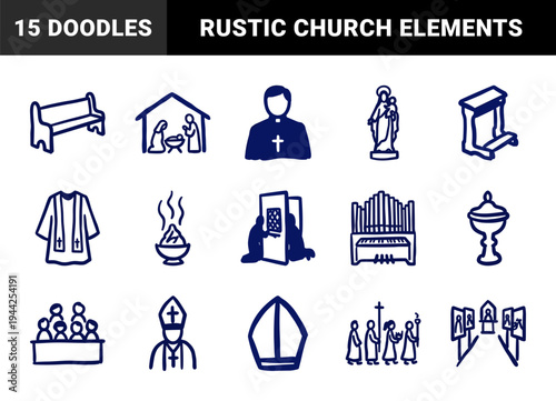 Hand-drawn Catholic church elements and religious symbols for spiritual branding. Rustic, naive marker sketch illustrations of liturgical life.