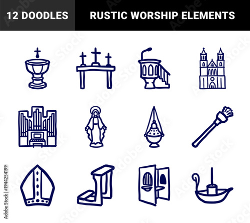Catholic church and religious worship elements for spiritual branding. Hand-drawn naive marker sketch illustrations featuring Christian liturgical symbols.