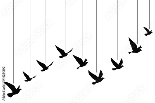 Minimal flying birds silhouettes wallpaper pattern in vector style. Black bird silhouettes arranged in a clean vertical composition on white background. Suitable for wallpaper, background, poster, bra