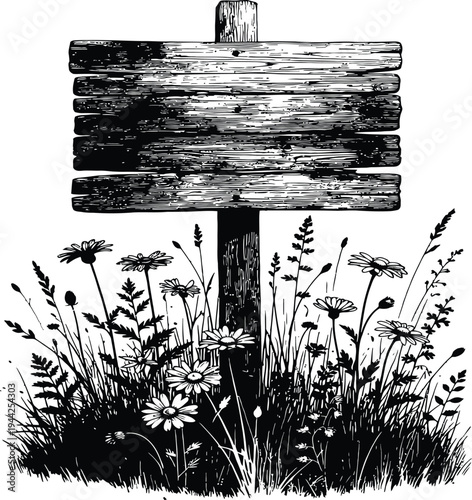 Rustic wooden signboard illustration, vintage blank wood plank sign with wildflowers grass meadow decoration, countryside vector design