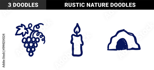 Hand-drawn spiritual and natural elements in a naive marker sketch style featuring candle, grapes, and cave entrance.