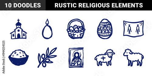 Hand-drawn Orthodox Easter elements in a rustic blue marker style. Naive doodle illustrations featuring church, pascha bread, and decorated eggs.