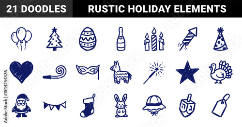 Hand-drawn holiday and celebration doodles for organic branding. Rustic blue ink marker sketches featuring Christmas, Easter, and party elements.