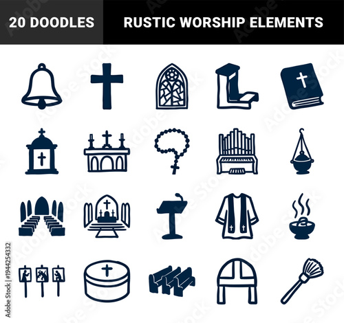 Hand-drawn Christian religious elements in a rustic marker style. Naive doodle church liturgy symbols for spiritual branding and parish ministry.