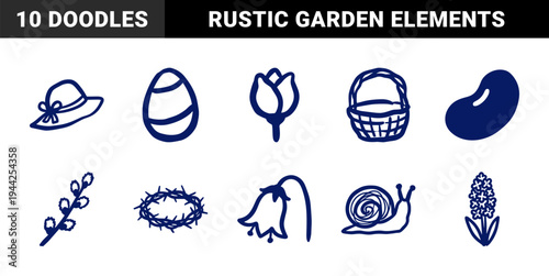 Hand-drawn Easter and spring garden elements with rustic doodle aesthetic. Naive marker sketch illustrations of flowers, basket, and seasonal symbols.