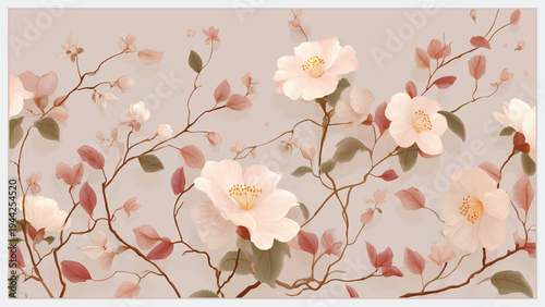 Stylish tropical botanical wallpaper featuring lush leaves and elegant blooming flowers in a modern decorative composition. Ideal for wallpaper design, home interior decoration, digital backgrounds, w