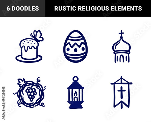 Hand-drawn Easter holiday and Orthodox church elements with rustic naive doodle aesthetic. Clumsy marker sketch of egg, cake, and lantern.