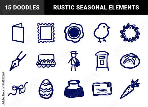 Hand-drawn postal and spring seasonal elements for organic branding. Rustic naive marker sketch illustrations featuring mail and Easter motifs.