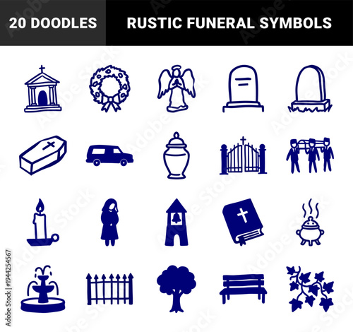 Funeral and cemetery memorial elements for mourning stationary. Rustic, naive marker sketch illustrations featuring grave and ritual concepts.