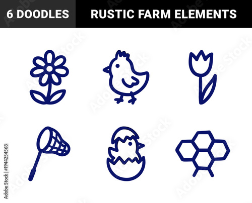 Hand-drawn spring nature and farm elements for organic brand identity. Rustic, naive marker sketch illustrations featuring baby chick, floral, and honeycomb concepts.