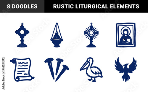 Ecclesiastical and liturgical symbols in a rustic block-print style featuring monstrance, thurible, and sacred animal motifs for religious branding.