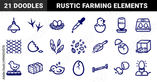 Hand-drawn poultry farming and chick brooding elements for organic agriculture branding. Rustic, naive marker sketch illustrations of hatching and care.
