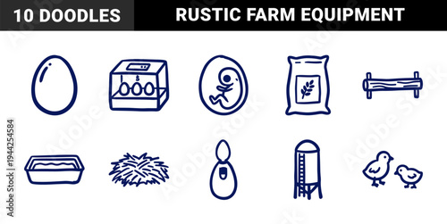 Hand-drawn poultry farming and chicken life cycle elements for organic agriculture branding. Rustic, naive marker sketch illustrations featuring eggs, chicks, and coop equipment.