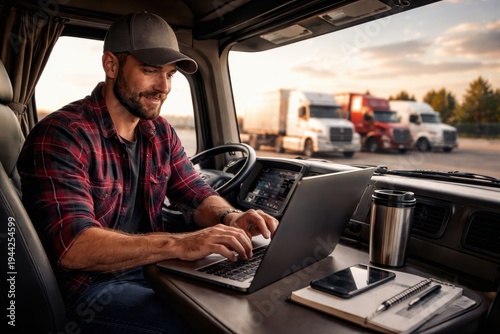 Truck driver working on a laptop inside his cabin