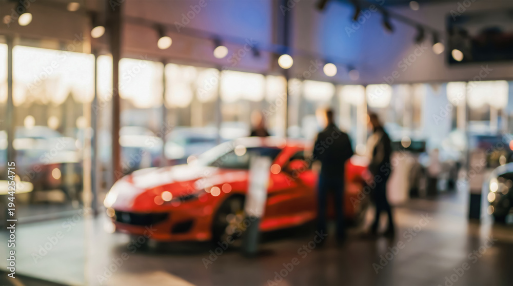 Obraz premium Abstract bright background of a dealership where unclear human figures are examining a new sports car