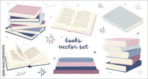 Cute pastel books vector illustration set with open and closed books and stacked book piles. Hand drawn reading elements isolated on transparent background for education, graphics, posters, stationery