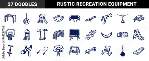 Playground and backyard recreation elements in a naive marker sketch style. Rustic hand-drawn childhood outdoor activity and park equipment doodles.