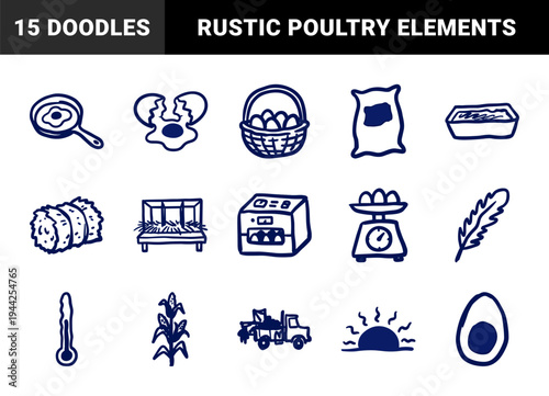 Hand-drawn poultry farming and egg production elements for rustic branding. Naive marker sketch illustrations featuring agriculture and breakfast concepts.