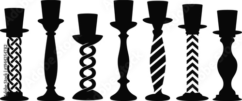 Black silhouettes of decorative candlesticks with intricate braided, twisted, spiral, and chevron designs, showcasing artistic craftsmanship and ornamental style for design illustration projects