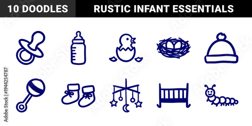 Hand-drawn baby nursery elements for organic brand identity. Rustic, naive marker sketch illustrations featuring newborn care and infant play concepts.