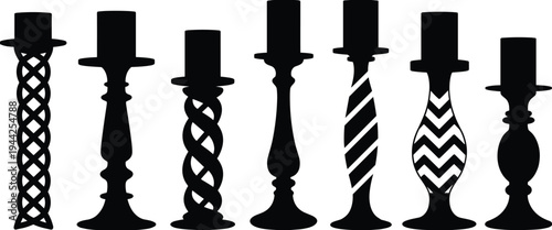 Black silhouettes of decorative candlesticks with twisted, braided, spiral, and zigzag designs, showcasing ornamental craftsmanship, artistic style, and creative decor illustration for design projects